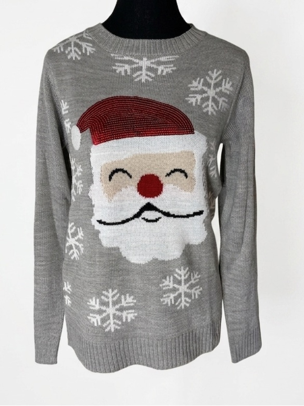GUILTY KNIT WEAR Grey Knit Christmas Sweater Santa Sequin Snowflake Sz Medium